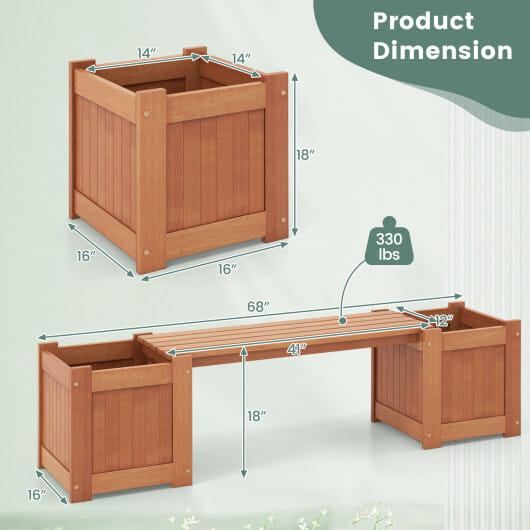 Hardwood Planter Box with Bench Garden Bench with 2 Side Flower Boxes - Color: Natural
