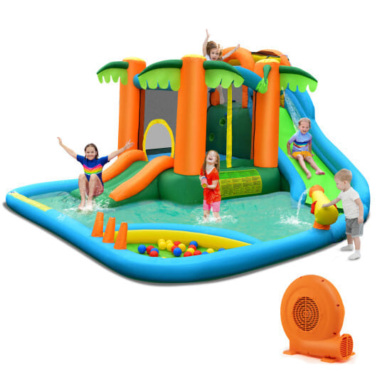 7-in-1 Inflatable Water Slide Park with Trampoline Climbing and 680W Blower