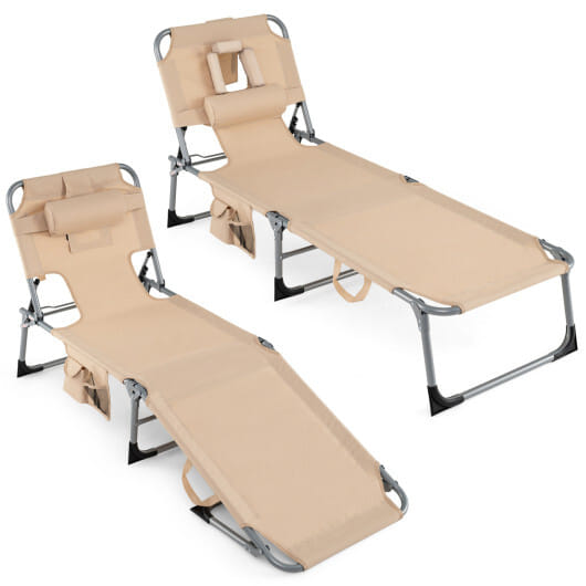 Set of 2 Tanning Chair Portable Chaise Lounge Chair with 4-Position Adjustable Backrest-Beige - Color: Beige