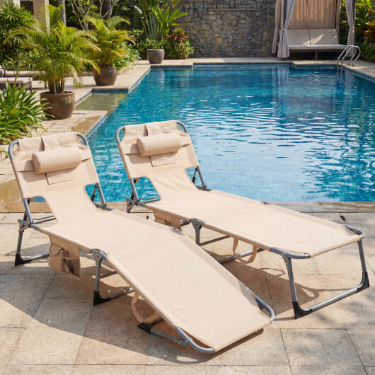 Set of 2 Tanning Chair Portable Chaise Lounge Chair with 4-Position Adjustable Backrest-Beige - Color: Beige