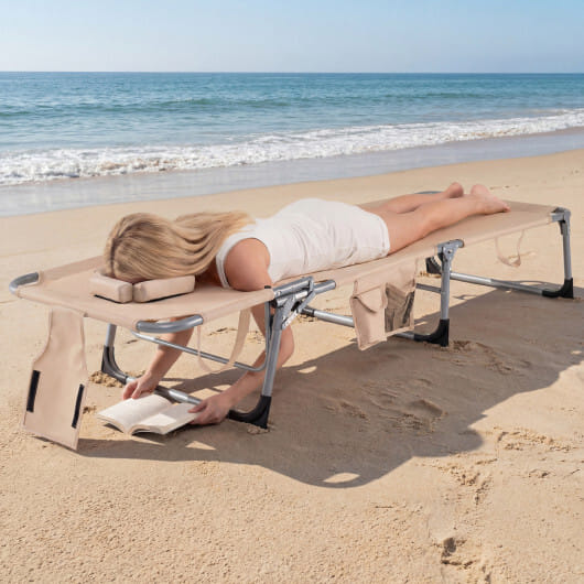 Set of 2 Tanning Chair Portable Chaise Lounge Chair with 4-Position Adjustable Backrest-Beige - Color: Beige