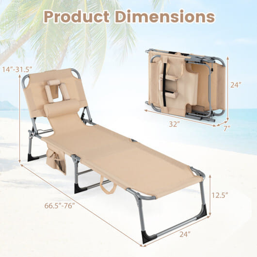Set of 2 Tanning Chair Portable Chaise Lounge Chair with 4-Position Adjustable Backrest-Beige - Color: Beige