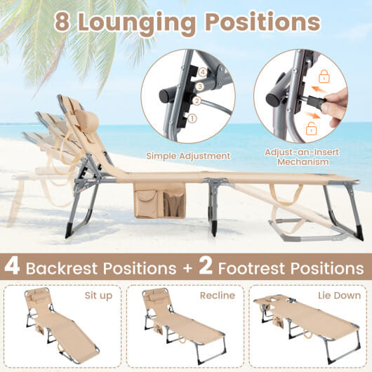 Set of 2 Tanning Chair Portable Chaise Lounge Chair with 4-Position Adjustable Backrest-Beige - Color: Beige