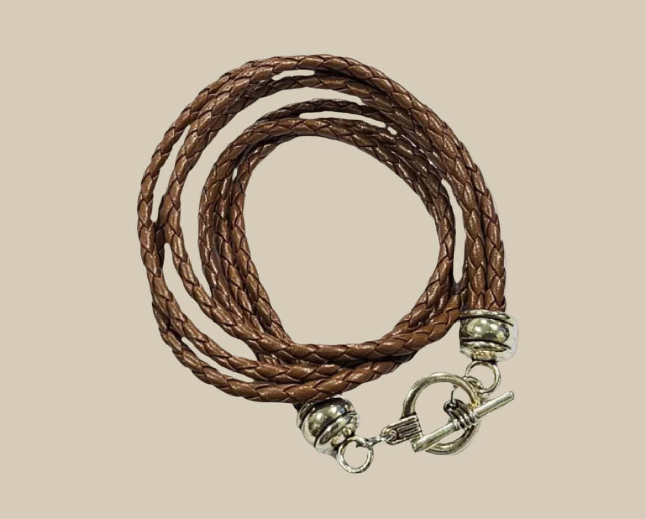 BRACELET: CINNAMON BROWN - DOUBLE WRAP Woven Genuine Leather Toggle Bracelet