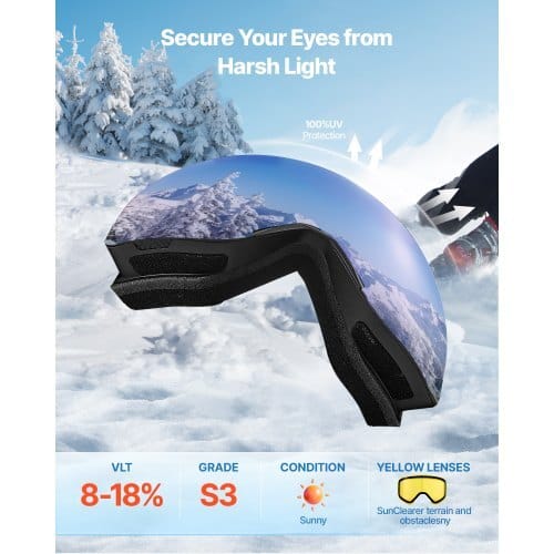 Frameless Ski Goggles, Magnet Cylindrical Lens with Dark Blue Revo Coating, OTG Anti fog Snow Goggles for Men Women, TPU Frame & Ventilation Structure, Fit for Skiing, Skating, Snowboarding
