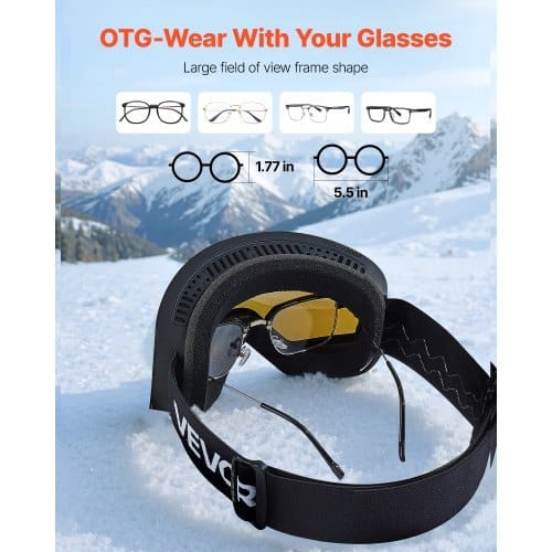 Frameless Ski Goggles, Magnet Cylindrical Lens with Dark Blue Revo Coating, OTG Anti fog Snow Goggles for Men Women, TPU Frame & Ventilation Structure, Fit for Skiing, Skating, Snowboarding