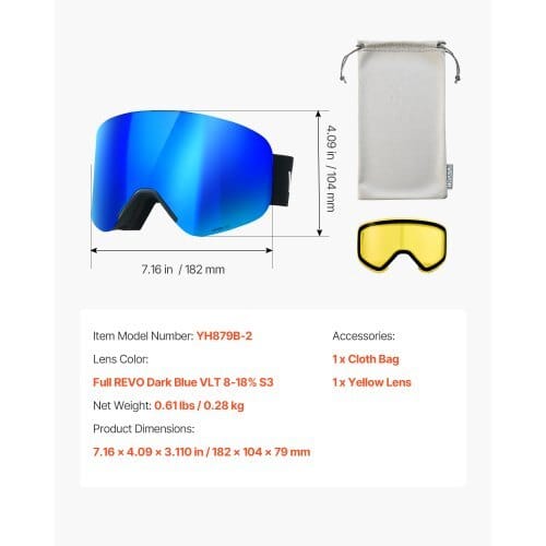 Frameless Ski Goggles, Magnet Cylindrical Lens with Dark Blue Revo Coating, OTG Anti fog Snow Goggles for Men Women, TPU Frame & Ventilation Structure, Fit for Skiing, Skating, Snowboarding