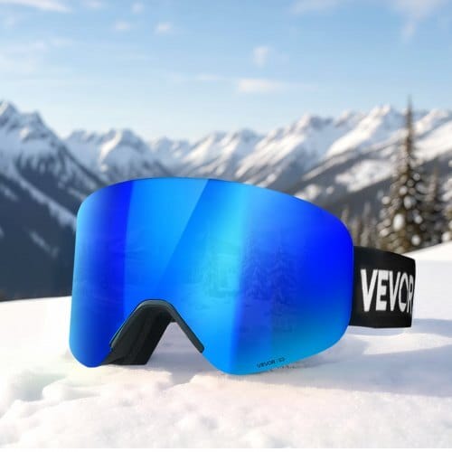 Frameless Ski Goggles, Magnet Cylindrical Lens with Dark Blue Revo Coating, OTG Anti fog Snow Goggles for Men Women, TPU Frame & Ventilation Structure, Fit for Skiing, Skating, Snowboarding