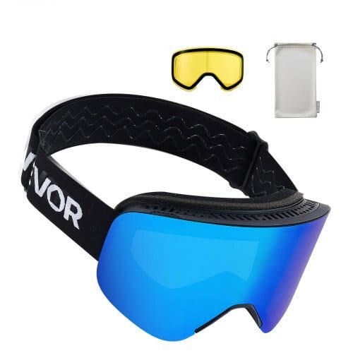Frameless Ski Goggles, Magnet Cylindrical Lens with Dark Blue Revo Coating, OTG Anti fog Snow Goggles for Men Women, TPU Frame & Ventilation Structure, Fit for Skiing, Skating, Snowboarding