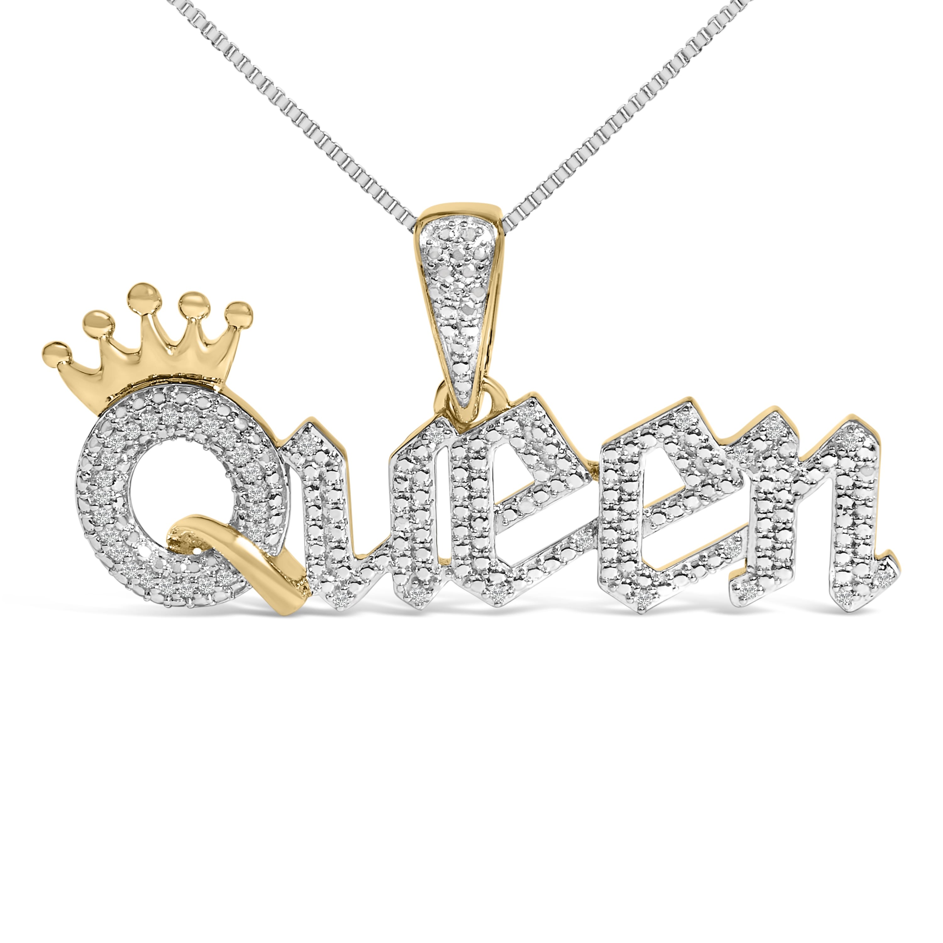 14K Yellow Gold Plated Sterling Silver 1/10 Cttw Diamond "Queen" Nameplate Pendant Necklace