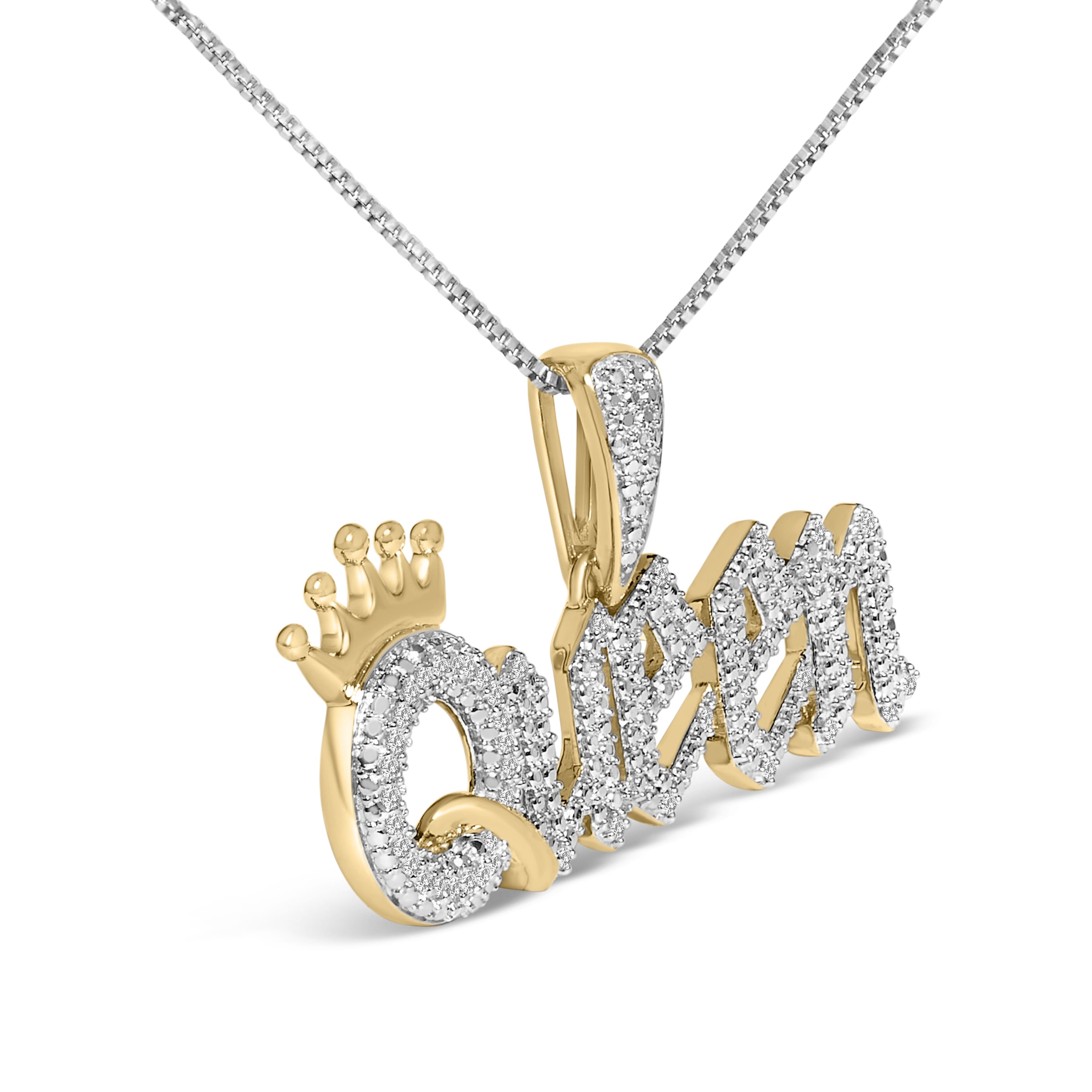 14K Yellow Gold Plated Sterling Silver 1/10 Cttw Diamond "Queen" Nameplate Pendant Necklace