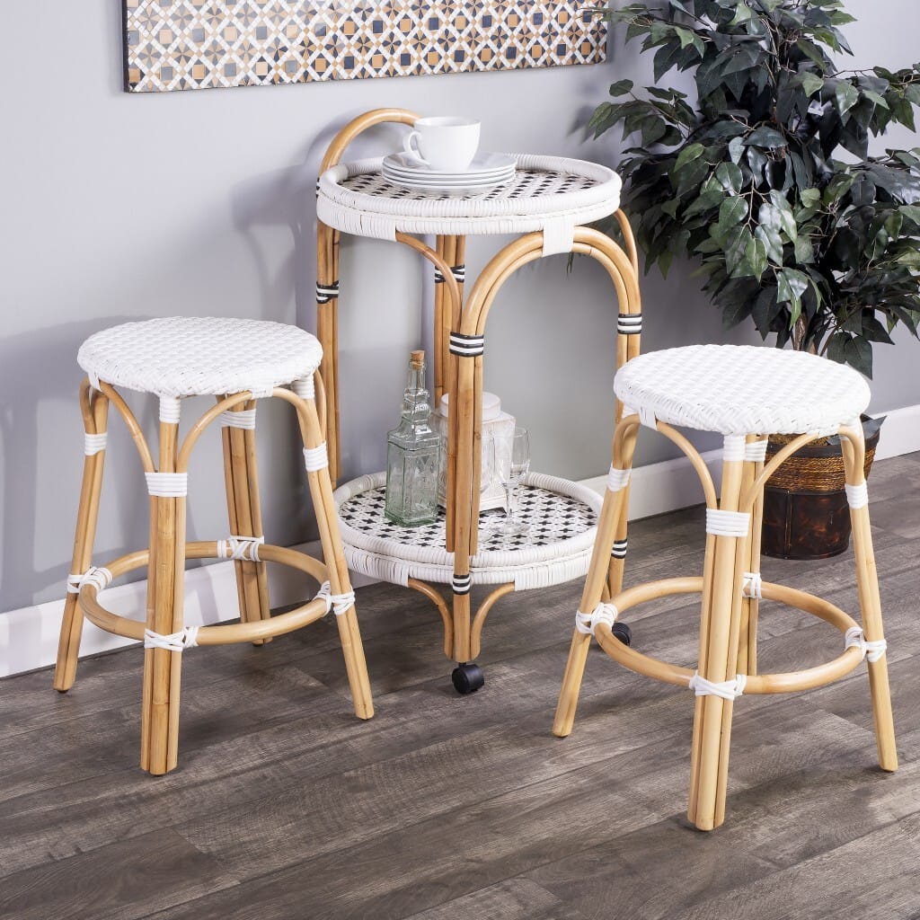 24" White and Natural Heavy Duty Rattan Backless Counter Height Bar Chair