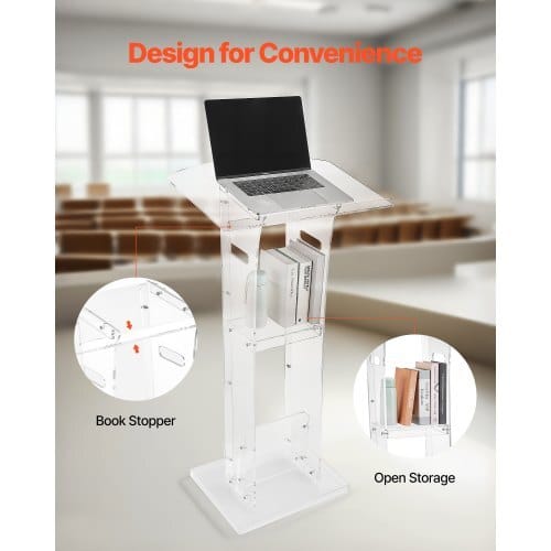 Podium Stand, 43-Inch Acrylic Lectern, Portable Laptop Desk with Wide Reading Surface and Storage Shelf, Book Stopper, Floor-Standing, for Classroom, Wedding, Conference, Lecture and Concert