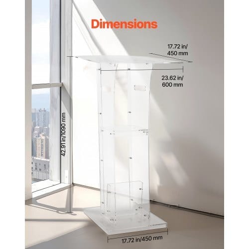 Podium Stand, 43-Inch Acrylic Lectern, Portable Laptop Desk with Wide Reading Surface and Storage Shelf, Book Stopper, Floor-Standing, for Classroom, Wedding, Conference, Lecture and Concert