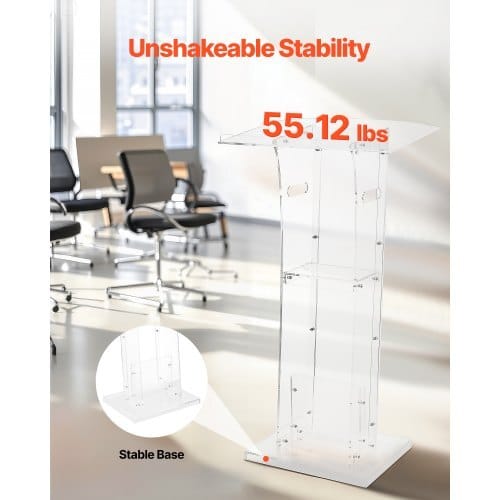 Podium Stand, 43-Inch Acrylic Lectern, Portable Laptop Desk with Wide Reading Surface and Storage Shelf, Book Stopper, Floor-Standing, for Classroom, Wedding, Conference, Lecture and Concert