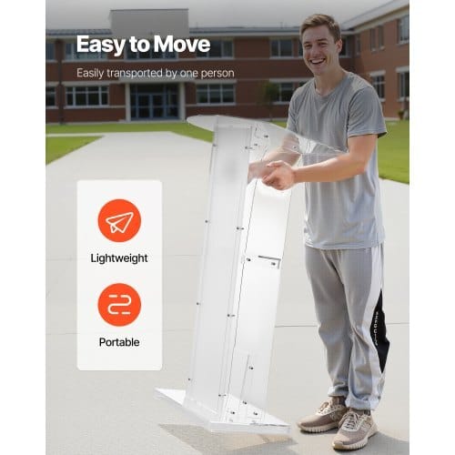 Podium Stand, 43-Inch Acrylic Lectern, Portable Laptop Desk with Wide Reading Surface and Storage Shelf, Book Stopper, Floor-Standing, for Classroom, Wedding, Conference, Lecture and Concert