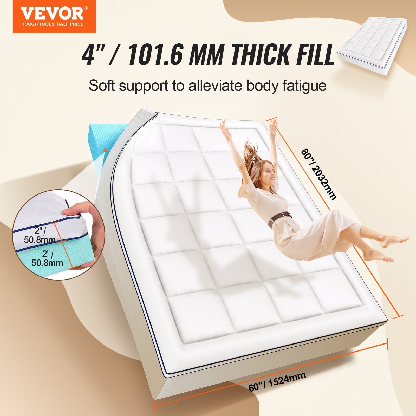 Mattress Topper, Queen Size, 4 in Thickness, Memory Foam, Fiber Fill, Detachable & Washable, Ergonomically Designed for Pressure Relief, Comfortable Cooling & Breathable, Ideal for Hot Sleepers