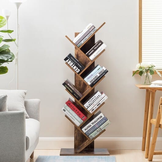 8-Tier Free Standing Tree Bookshelf-Coffee - Color: Coffee