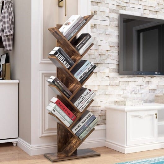 8-Tier Free Standing Tree Bookshelf-Coffee - Color: Coffee