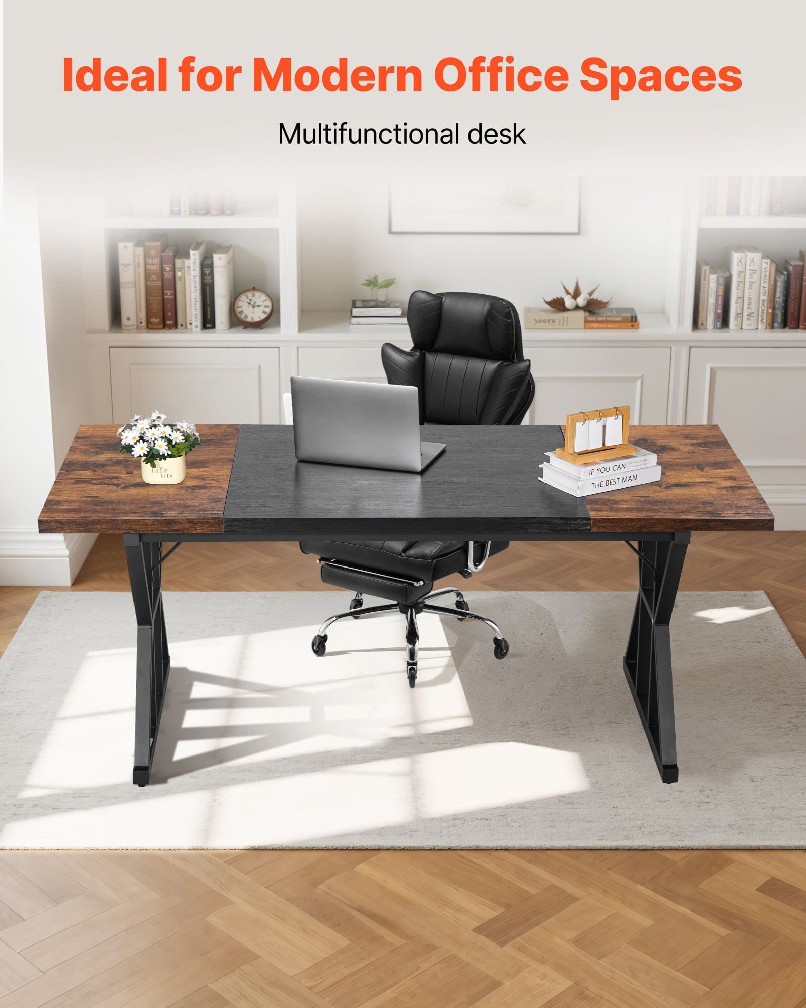 Executive Desk 70.9 x 31.5 inch, Large Computer Desk PC Workstation for Home Office, Modern Simple Wood Laptop Study Writing Table Metal Frame Business Furniture, Rustic Brown and Black