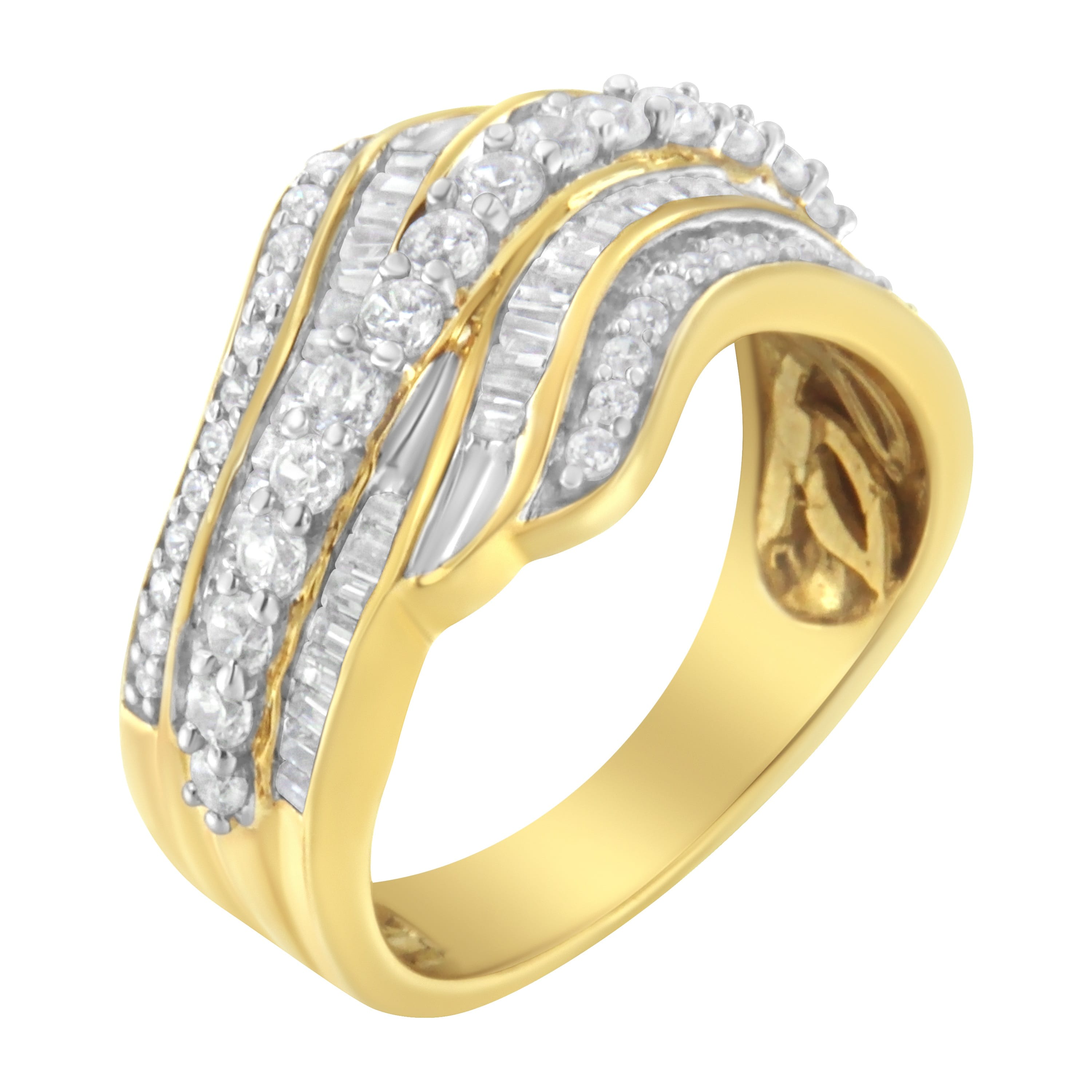 10K Yellow Gold 1.0 Cttw Baguette and Round Diamond Multi-Row Wave Bypass Ring ( Color, Clarity) - Size 9