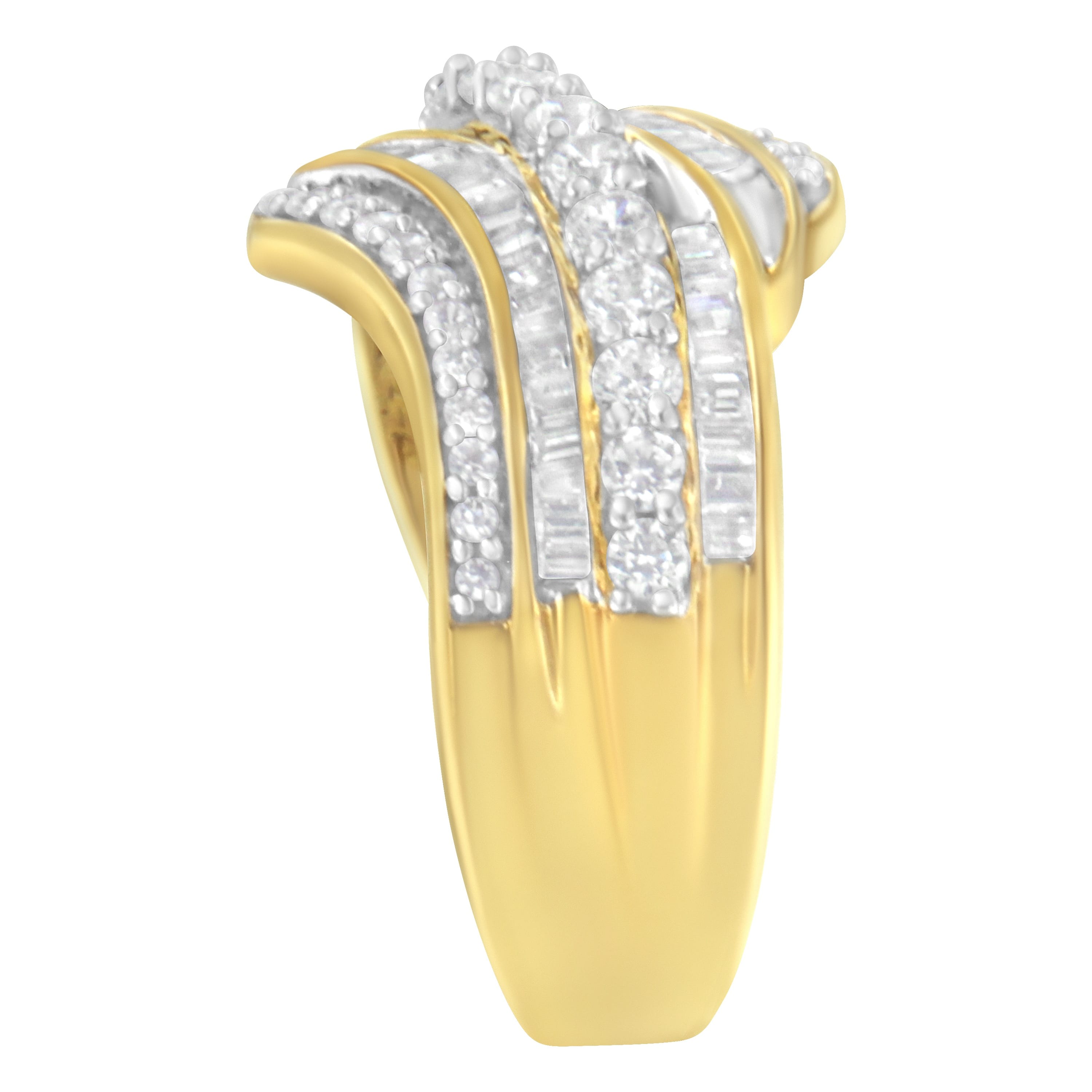 10K Yellow Gold 1.0 Cttw Baguette and Round Diamond Multi-Row Wave Bypass Ring ( Color, Clarity) - Size 9