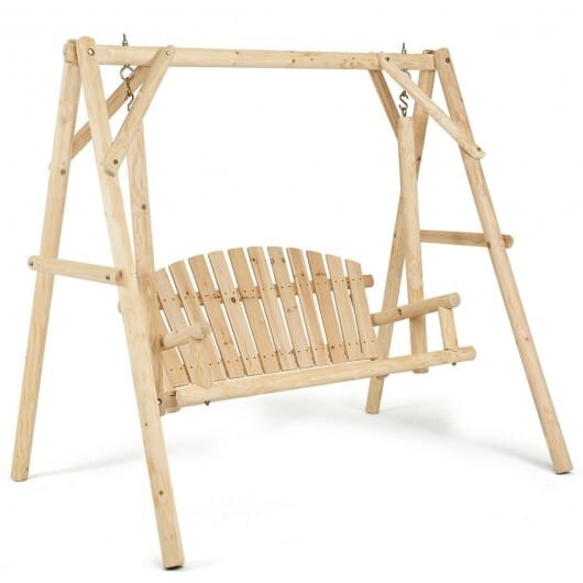 Outdoor Wooden Porch Bench Swing Chair with Rustic Curved Back - Color: Natural