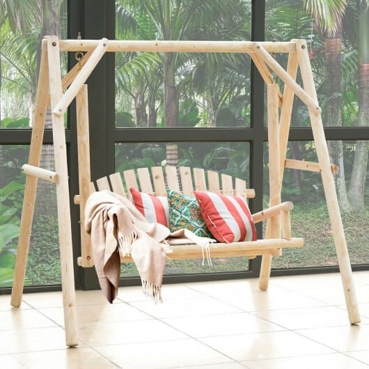 Outdoor Wooden Porch Bench Swing Chair with Rustic Curved Back - Color: Natural