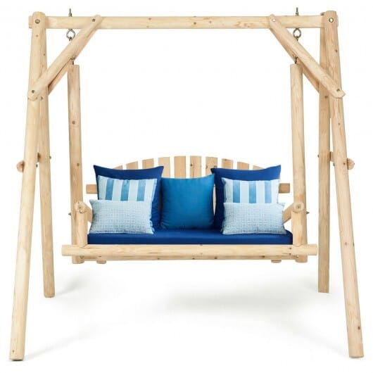 Outdoor Wooden Porch Bench Swing Chair with Rustic Curved Back - Color: Natural