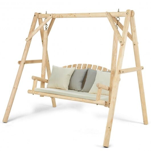 Outdoor Wooden Porch Bench Swing Chair with Rustic Curved Back - Color: Natural