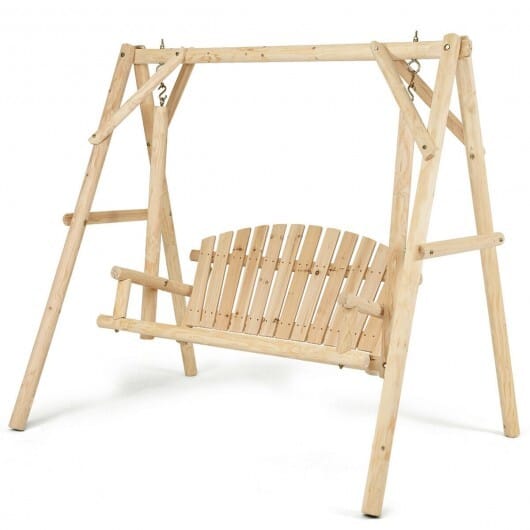Outdoor Wooden Porch Bench Swing Chair with Rustic Curved Back - Color: Natural