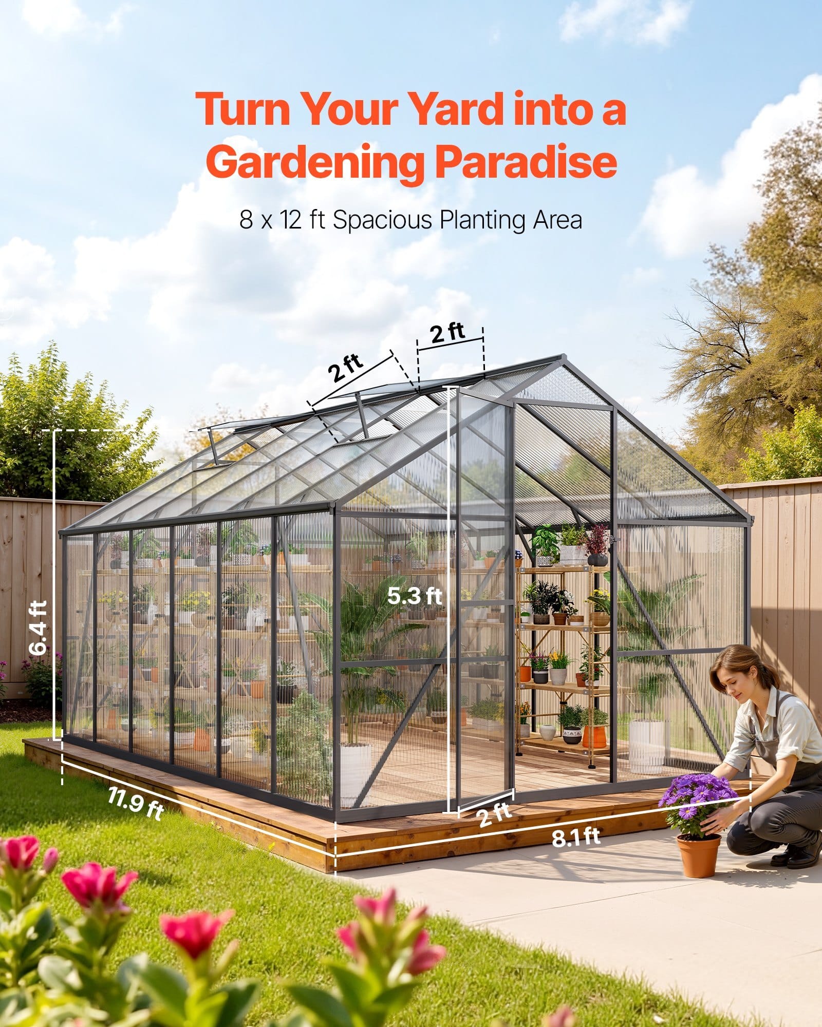 8 x 12 FT Polycarbonate Greenhouse, Heavy Duty Outdoor Green House with Adjustable Vent & Push-Pull Lockable Door, Quick Setup, Aluminum Frame Walk-in Greenhouse Sunroom for Outside Garden Lawn