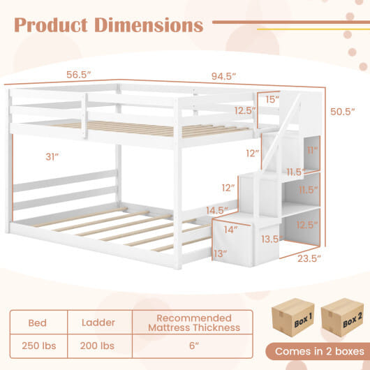 Solid Wood Full Over Full Low Bunk Bed with Storage Stairs-White