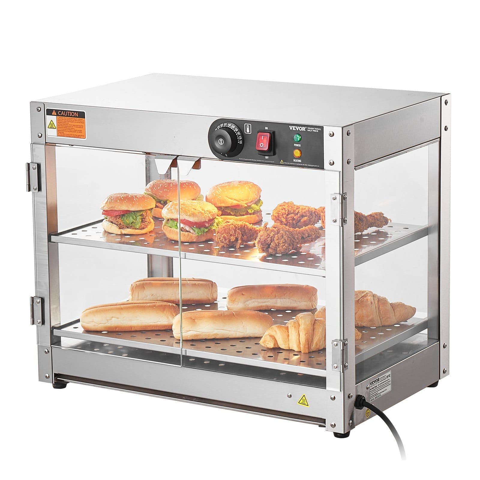 2-Tier Commercial Food Warmer Display, 800W Food Display Warmer with Light to Enhance Food Display, 86?„‰~185?„‰ Temperature Control, 58L Large Capacity for Hamburger, Pizza, Bread, Fried Chicken