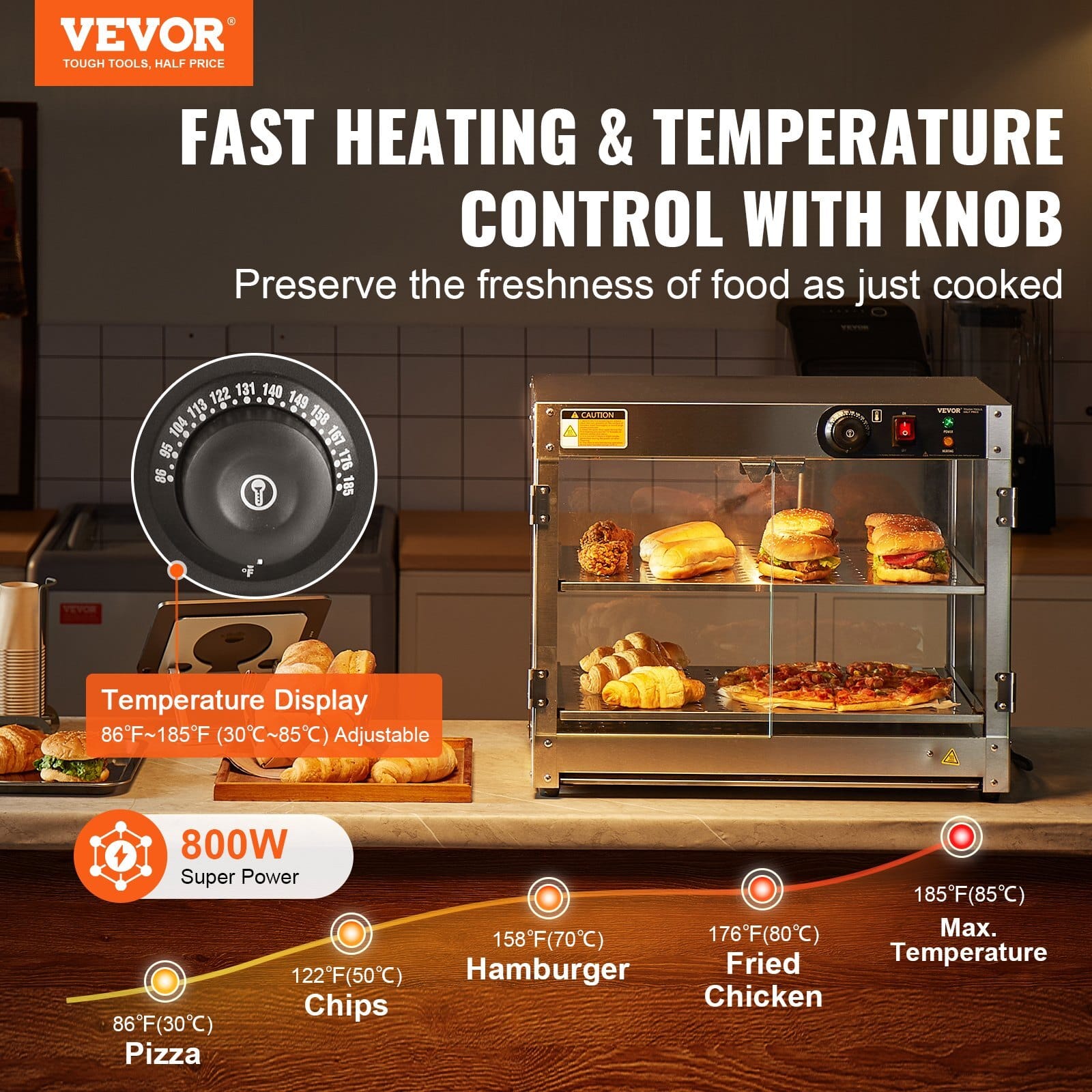 2-Tier Commercial Food Warmer Display, 800W Food Display Warmer with Light to Enhance Food Display, 86?„‰~185?„‰ Temperature Control, 58L Large Capacity for Hamburger, Pizza, Bread, Fried Chicken