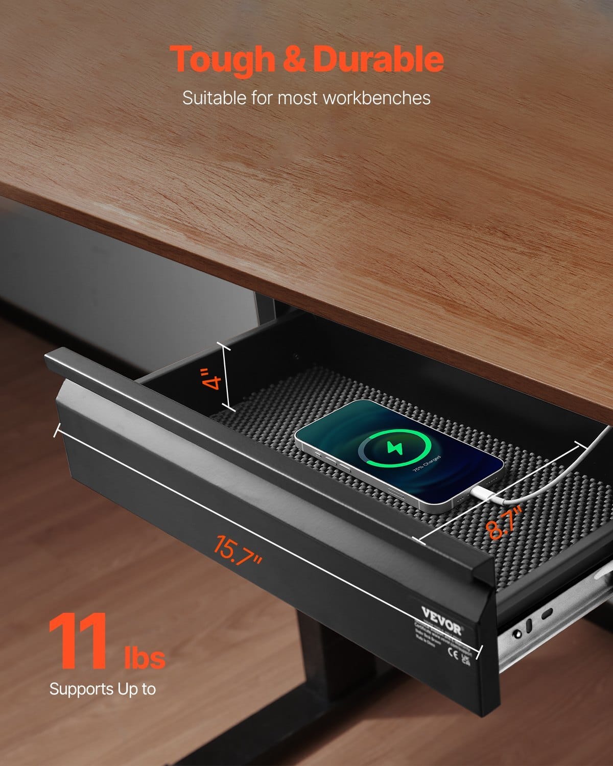 16" Wide Under Desk Drawer Slide Out, Under Desk Mounted Pull-out Drawer Attachment, Hidden Desktop Storage Organizer, Under Table Pencil Drawer for office Home Sit Stand Workstation, 17x9x4 in