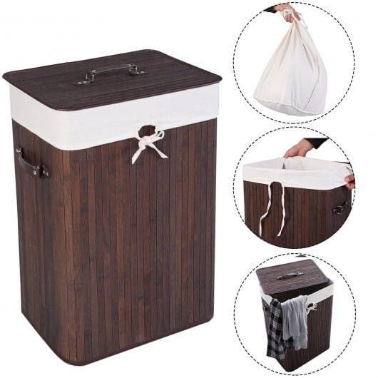 Rectangle Bamboo Hamper Laundry Basket Washing Cloth Bin Storage Bag Lid 3 color-Brown - Color: Brown