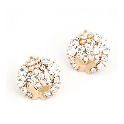Korean Fashion Czech Rhinestone Inlaid Golden Butterfly and Flower Round Shape Earrings