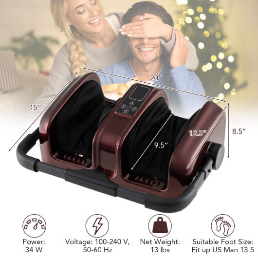 Foot and Calf Massager with Heat Shiatsu Deep Kneading Rolling Smart Electric Leg Massager-Red - Color: Red