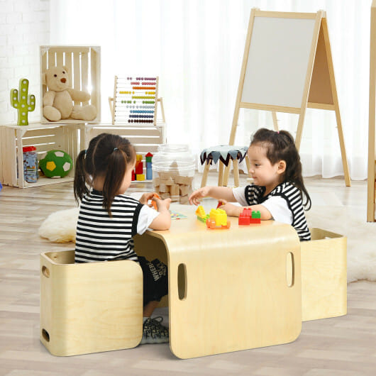 3 Pieces Kids Wooden Table and Chair Set-Natural - Color: Natural