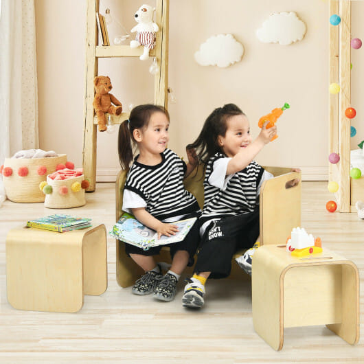 3 Pieces Kids Wooden Table and Chair Set-Natural - Color: Natural