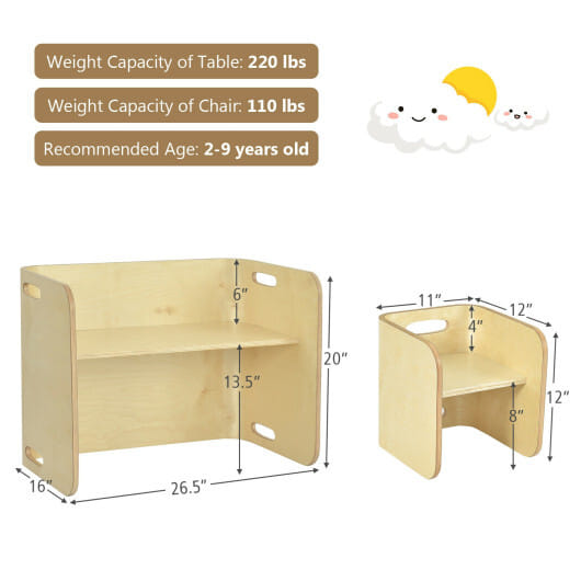 3 Pieces Kids Wooden Table and Chair Set-Natural - Color: Natural