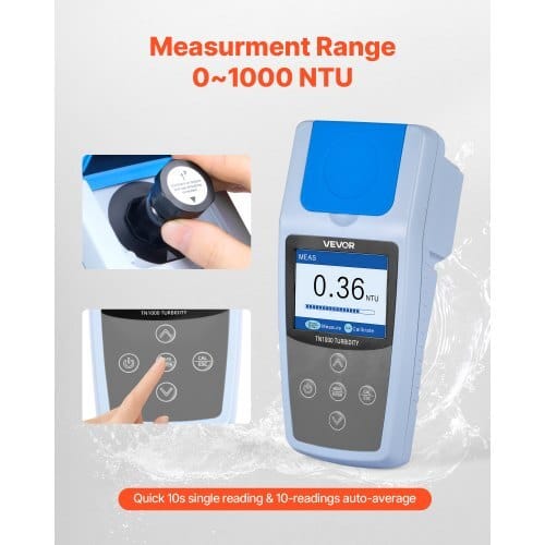 Turbidity Meter, 0?“1000 NTU Measuring Range, ISO 7027 Compliant, Portable Red Light Turbidimeter, Quick Reading, with Calibration Solutions, Sample Vials, and Carry Case, for Field and Plant