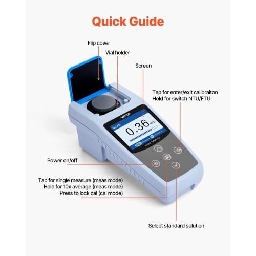 Turbidity Meter, 0?“1000 NTU Measuring Range, ISO 7027 Compliant, Portable Red Light Turbidimeter, Quick Reading, with Calibration Solutions, Sample Vials, and Carry Case, for Field and Plant