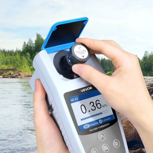 Turbidity Meter, 0?“1000 NTU Measuring Range, ISO 7027 Compliant, Portable Red Light Turbidimeter, Quick Reading, with Calibration Solutions, Sample Vials, and Carry Case, for Field and Plant