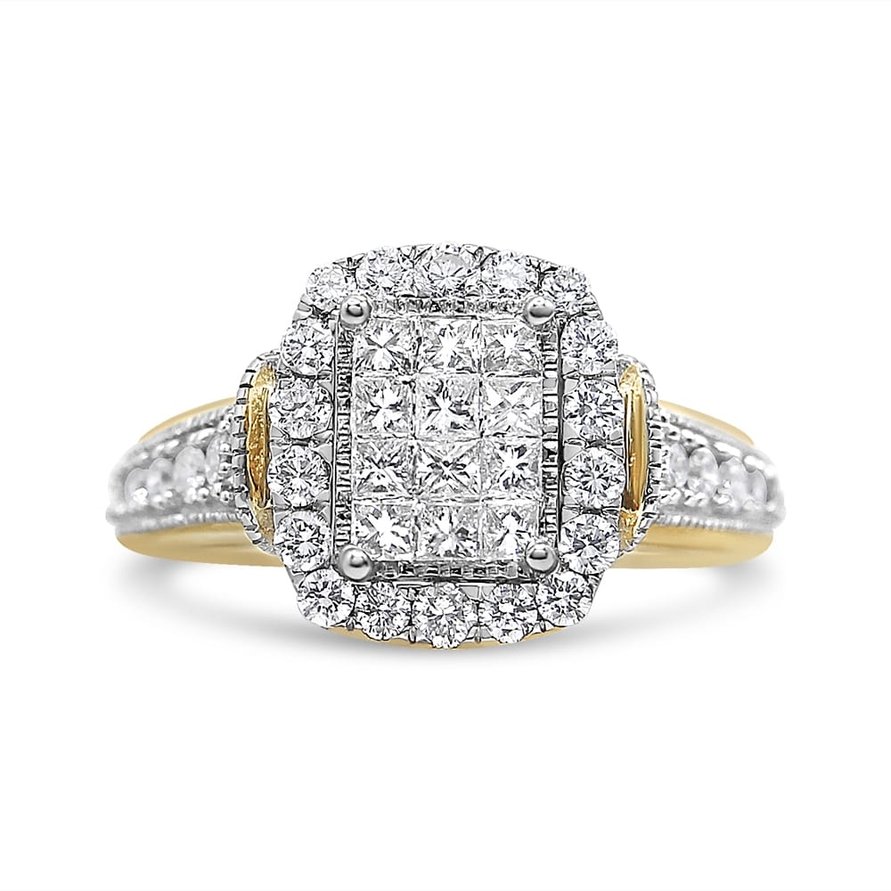 14K Yellow and White Gold 1.00 Cttw Princess and Round Cut Emerald Shaped Halo Diamond Cluster Ring (SI1-SI2 Clarity, H-I Color) - Size 7