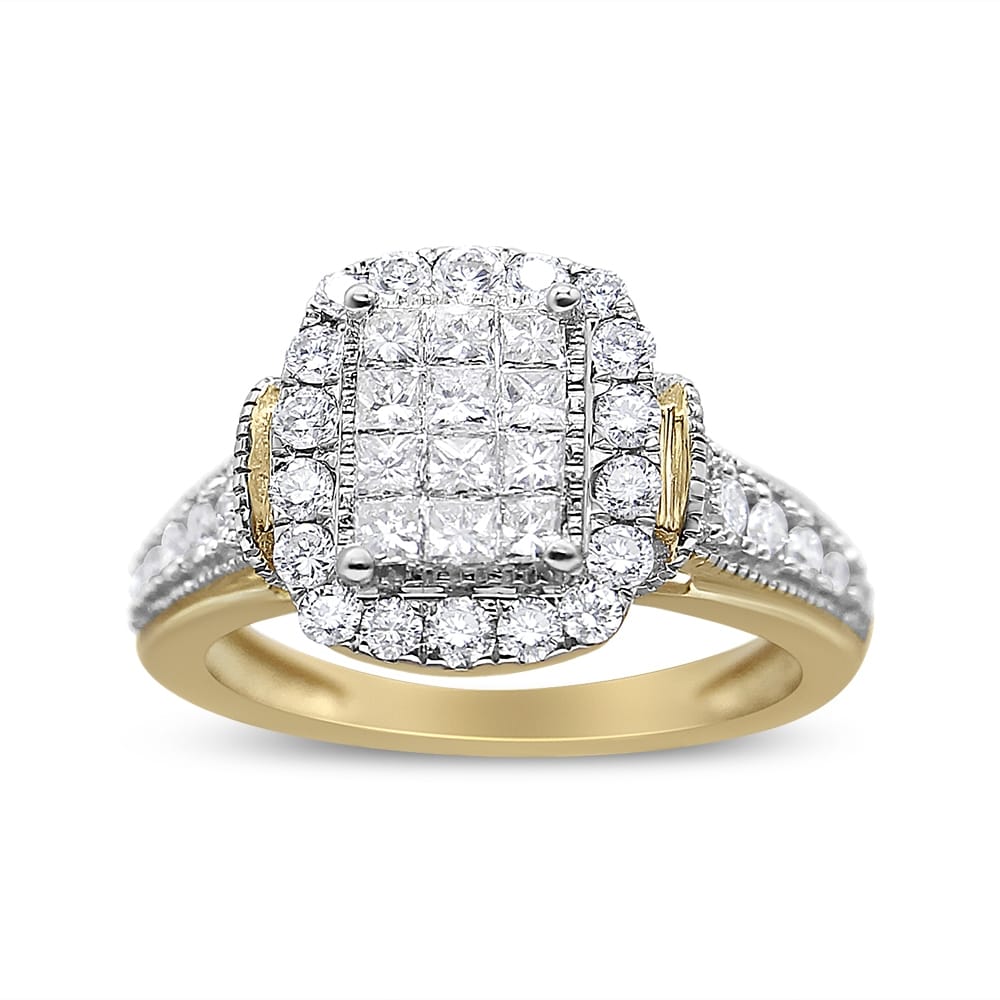 14K Yellow and White Gold 1.00 Cttw Princess and Round Cut Emerald Shaped Halo Diamond Cluster Ring (SI1-SI2 Clarity, H-I Color) - Size 7