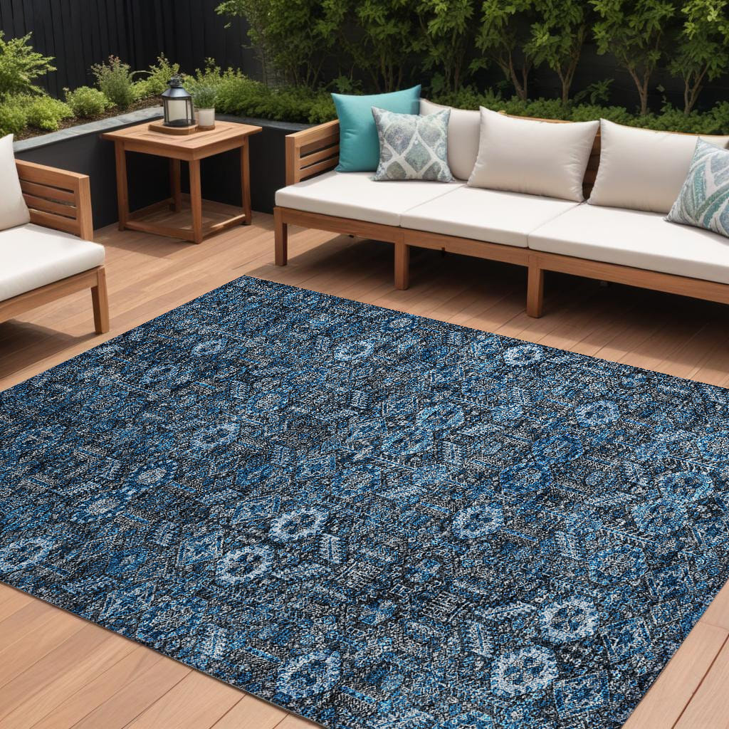 10' X 14' Blue and Black Floral Washable Non Skid Indoor Outdoor Area Rug
