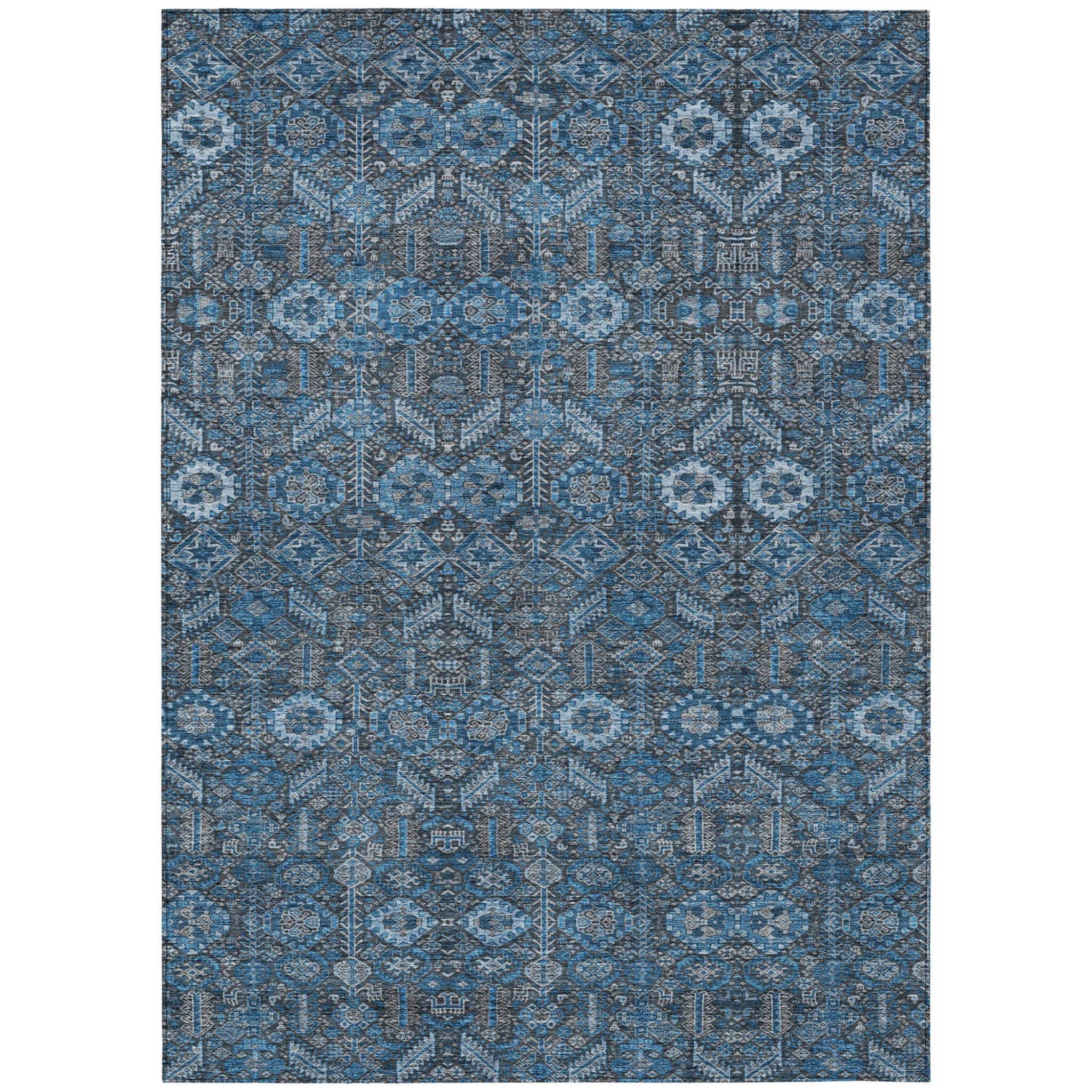 10' X 14' Blue and Black Floral Washable Non Skid Indoor Outdoor Area Rug