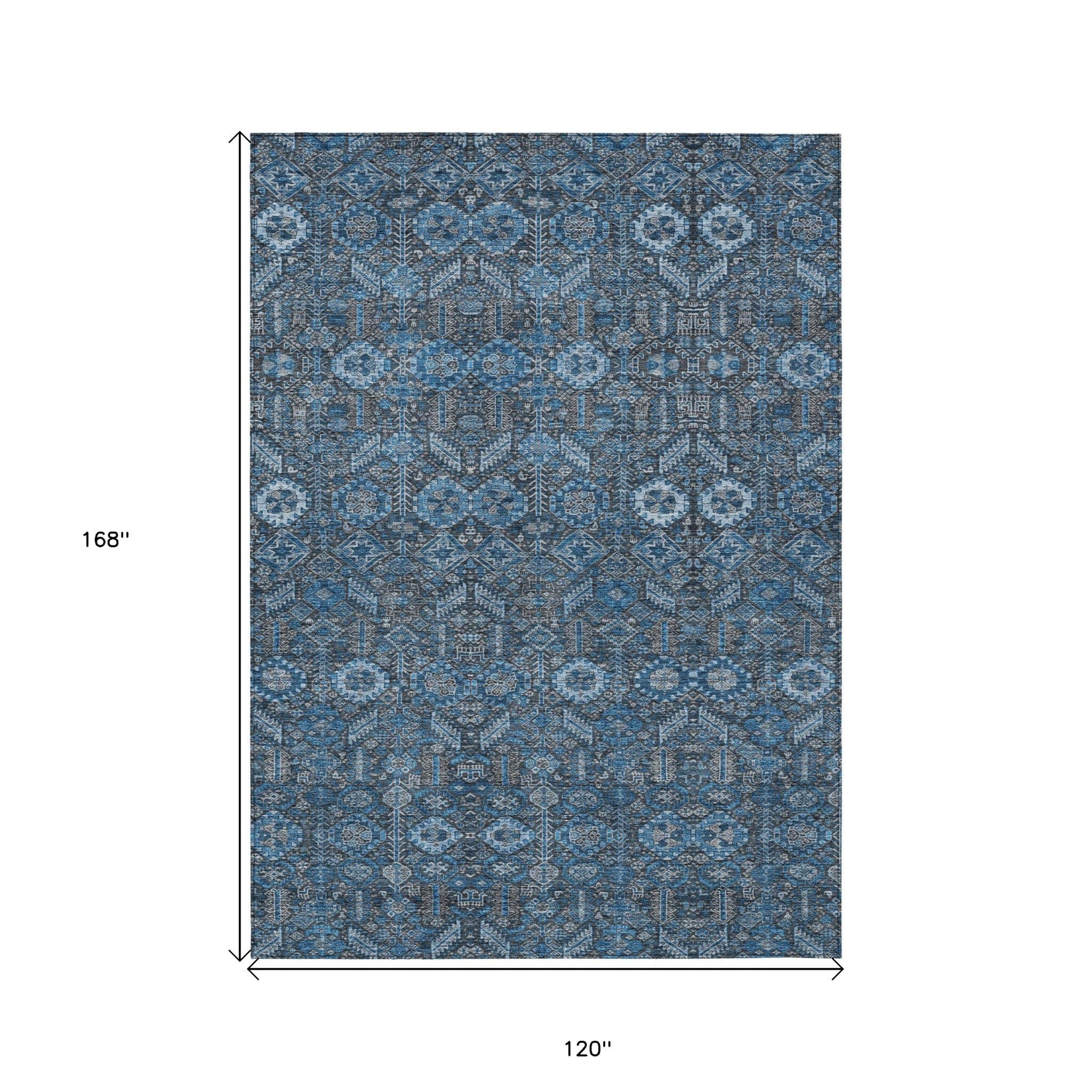 10' X 14' Blue and Black Floral Washable Non Skid Indoor Outdoor Area Rug